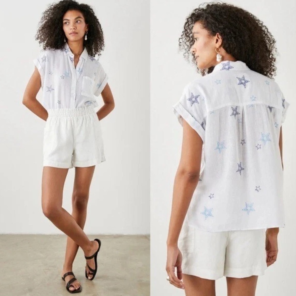 Rails Whitney Navy Stitched Stars Linen Blend Shirt Size M White Blue